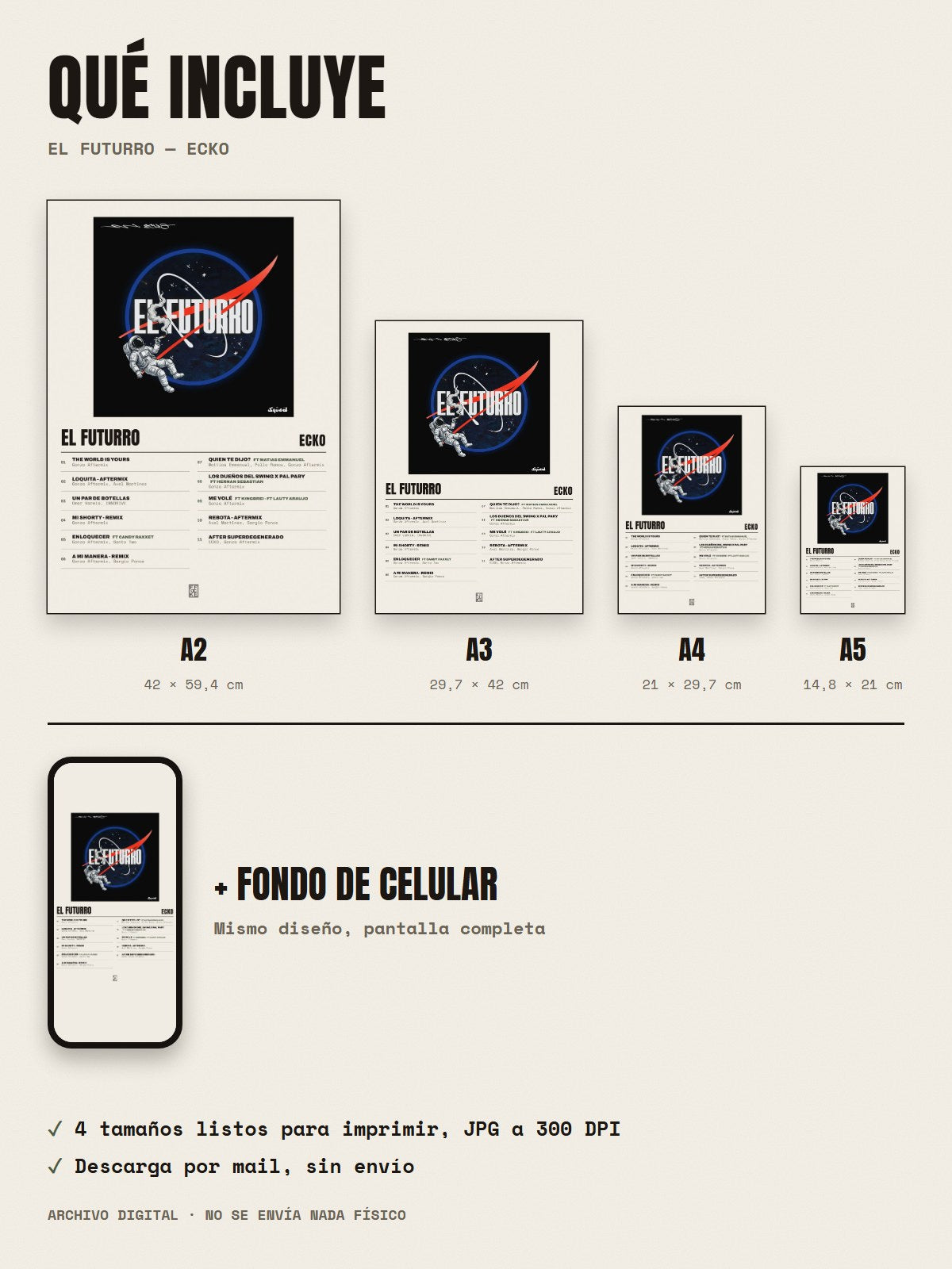 Qué incluye el póster de EL FUTURRO de ECKO: A2, A3, A4, A5 y fondo de celular