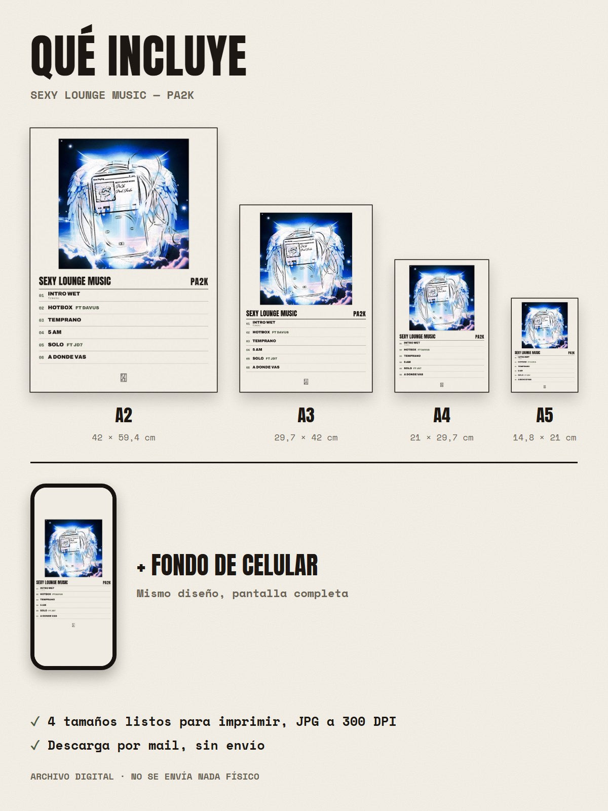 Qué incluye el póster de Sexy Lounge Music de Pa2k: A2, A3, A4, A5 y fondo de celular