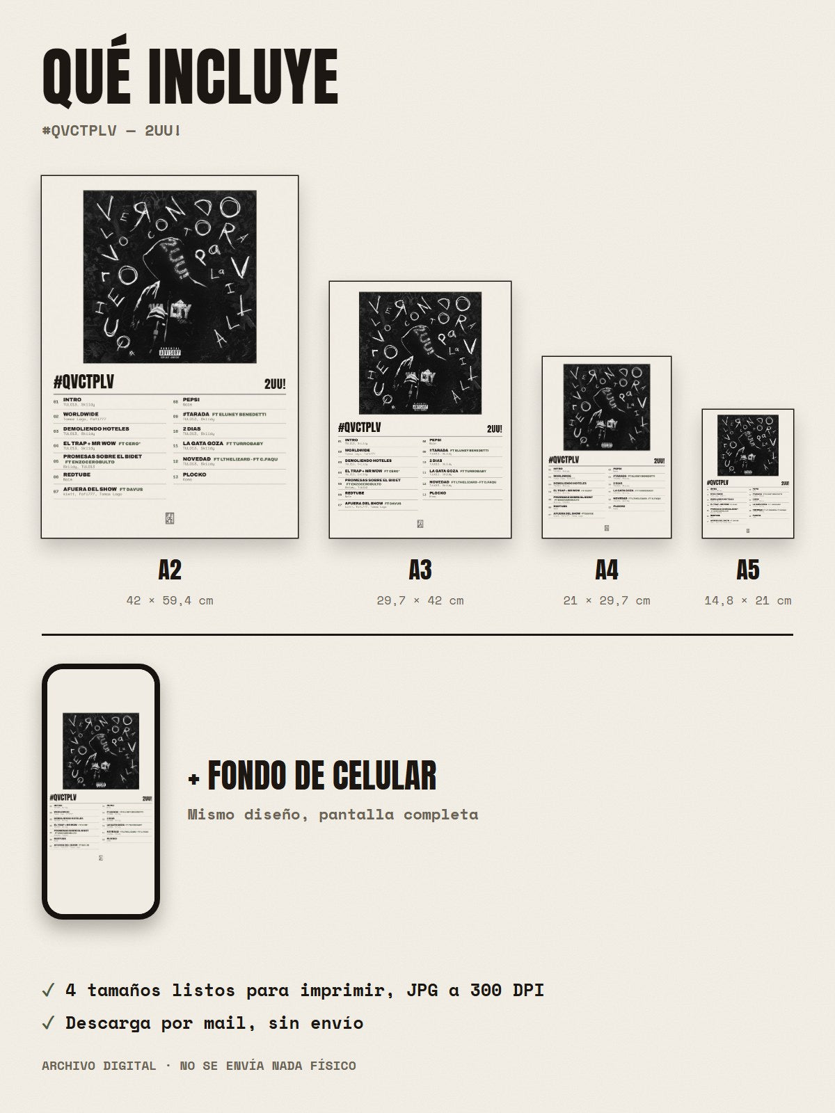 Qué incluye el póster de #QVCTPLV de 2UU!: A2, A3, A4, A5 y fondo de celular