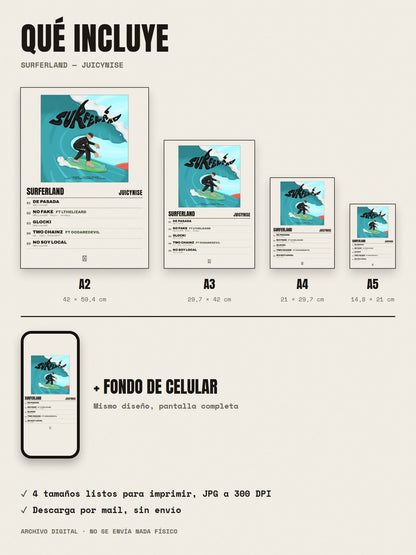 Qué incluye el póster de Surferland de JuicyNise: A2, A3, A4, A5 y fondo de celular