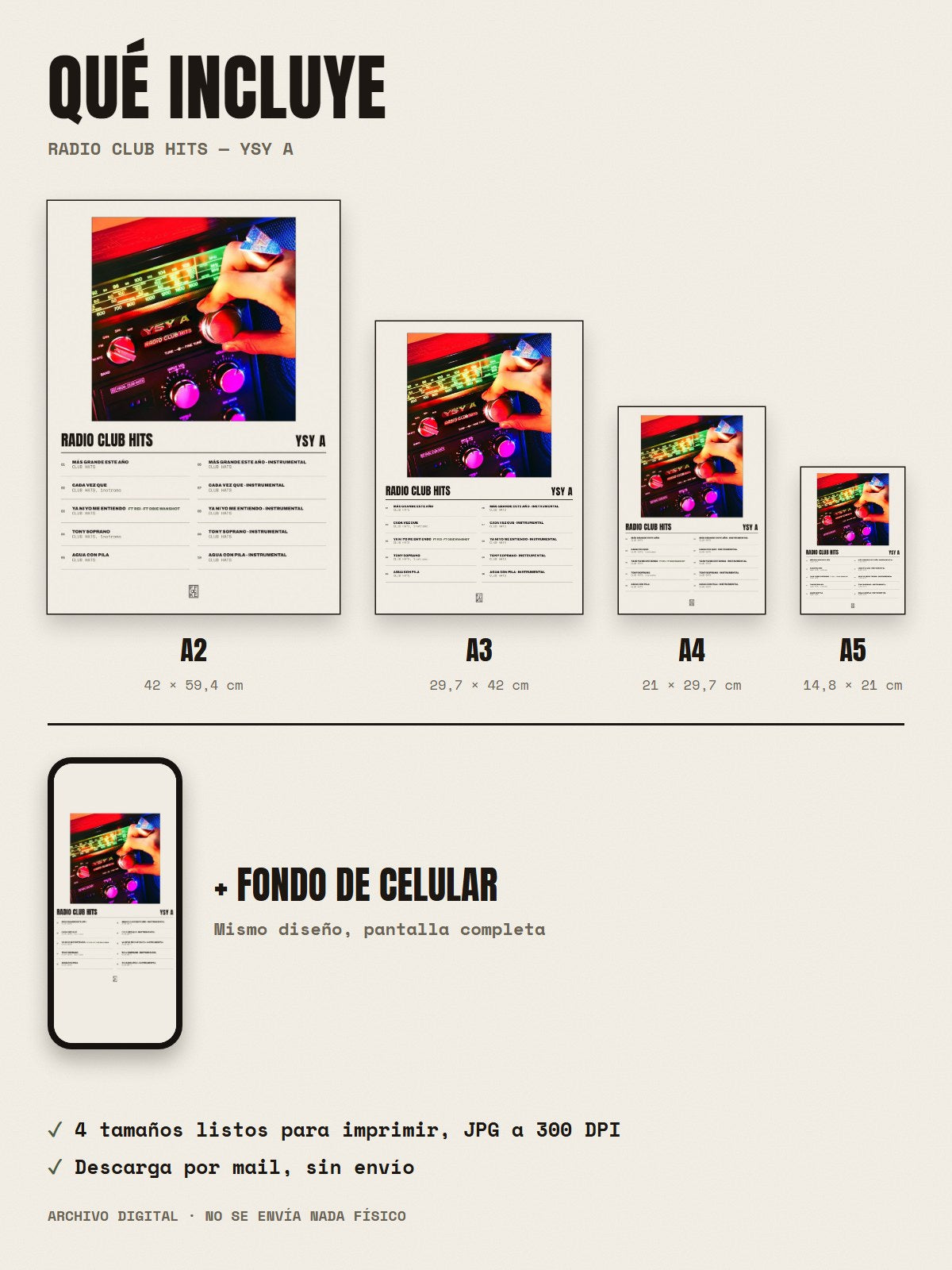 Qué incluye el póster de RADIO CLUB HITS de YSY A: A2, A3, A4, A5 y fondo de celular