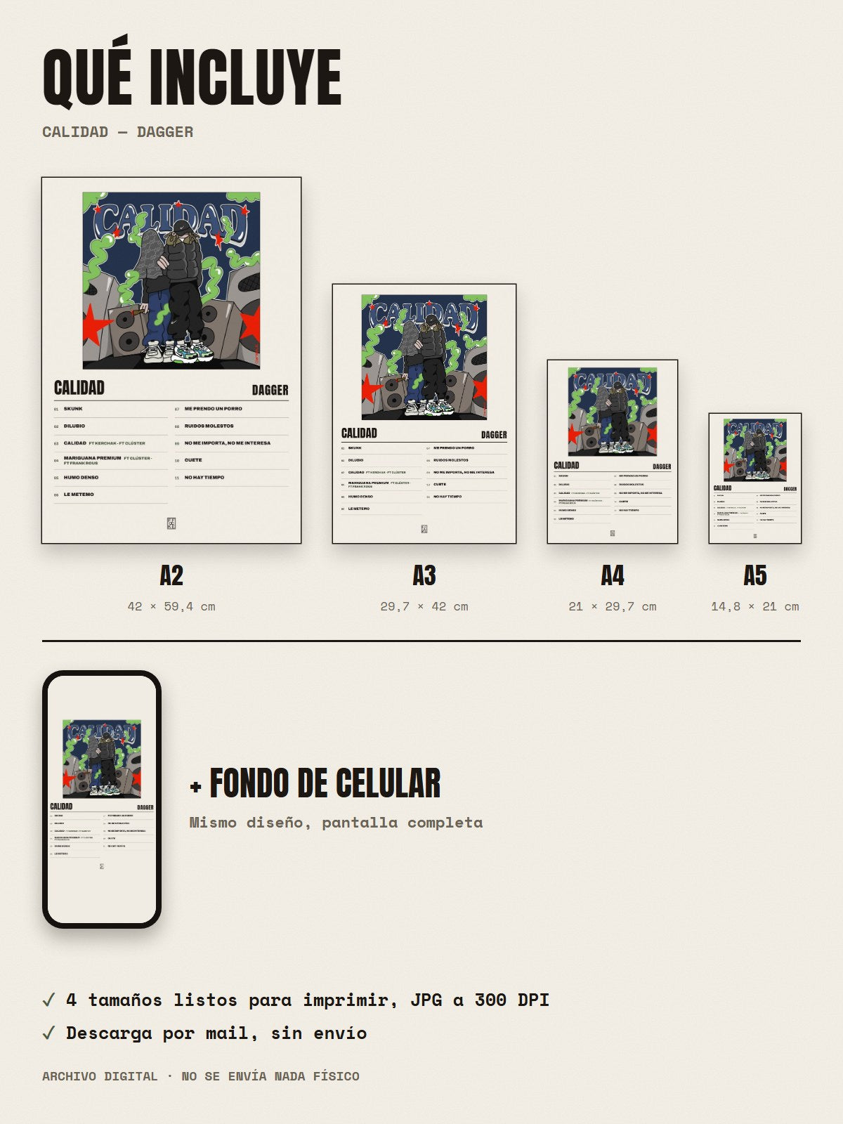 Qué incluye el póster de Calidad de Dagger: A2, A3, A4, A5 y fondo de celular