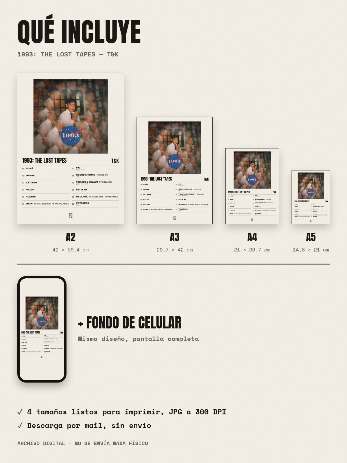 Qué incluye el póster de 1993: The Lost Tapes de T&K: A2, A3, A4, A5 y fondo de celular