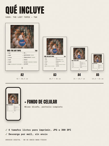 Qué incluye el póster de 1993: The Lost Tapes de T&K: A2, A3, A4, A5 y fondo de celular