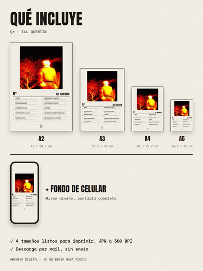 Qué incluye el póster de q* de ill quentin: A2, A3, A4, A5 y fondo de celular