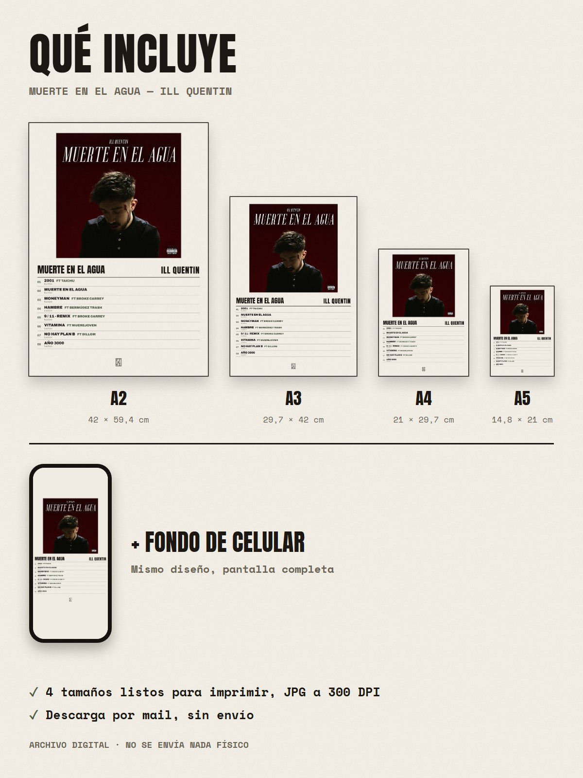 Qué incluye el póster de Muerte en el Agua de ill quentin: A2, A3, A4, A5 y fondo de celular