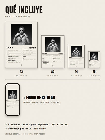 Qué incluye el póster de CULTO II de Neo Pistea: A2, A3, A4, A5 y fondo de celular