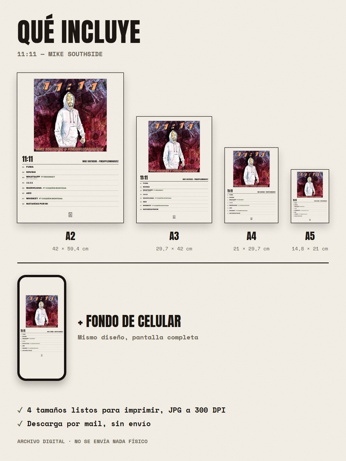 Qué incluye el póster de 11:11 de Mike Southside × Pineappleondabeatz: A2, A3, A4, A5 y fondo de celular