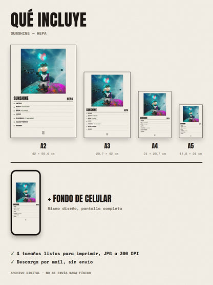 Qué incluye el póster de Sunshine de Hepa: A2, A3, A4, A5 y fondo de celular