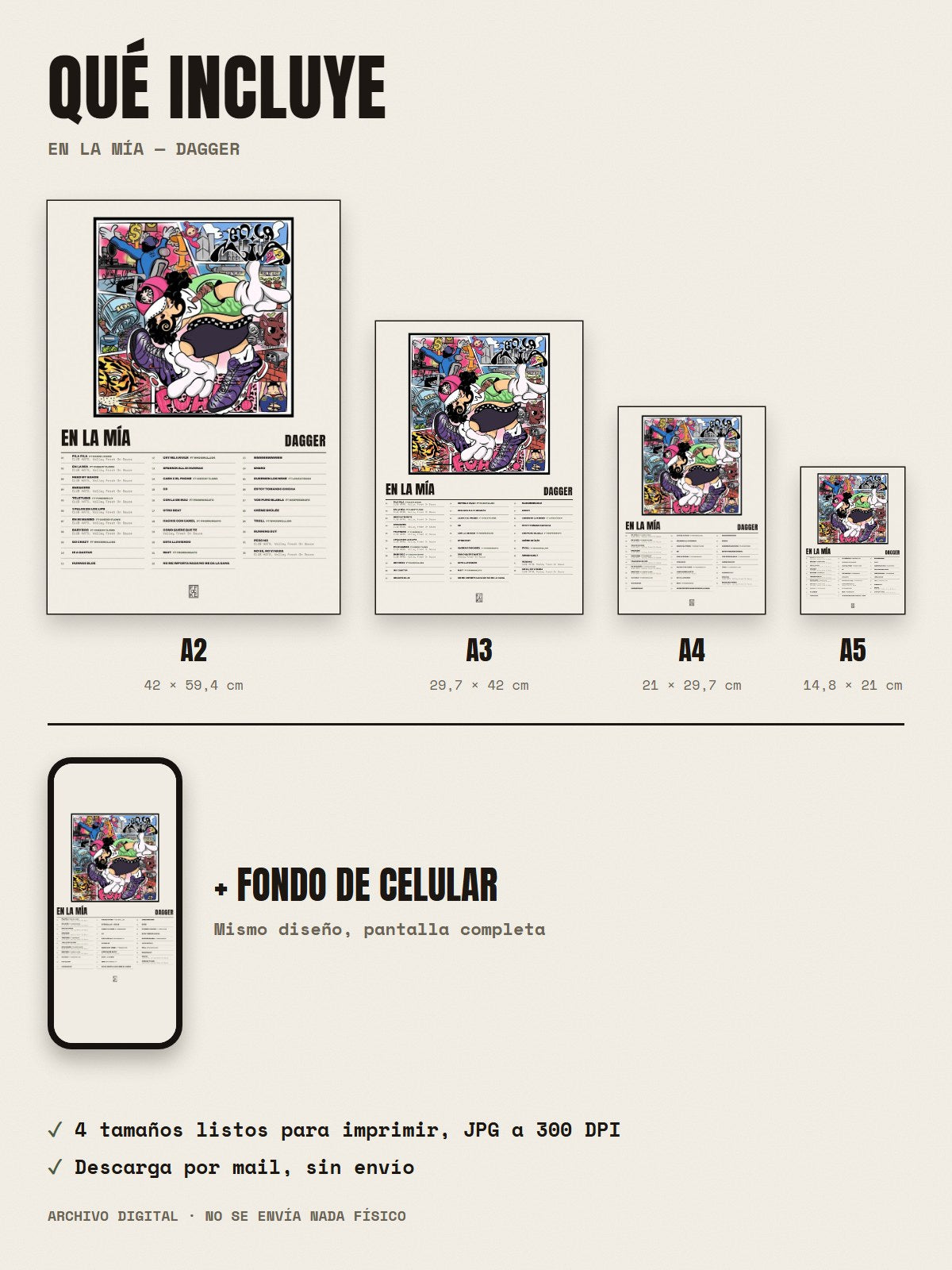 Qué incluye el póster de En la mía de Dagger: A2, A3, A4, A5 y fondo de celular