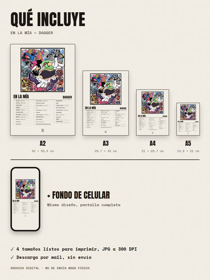 Qué incluye el póster de En la mía de Dagger: A2, A3, A4, A5 y fondo de celular