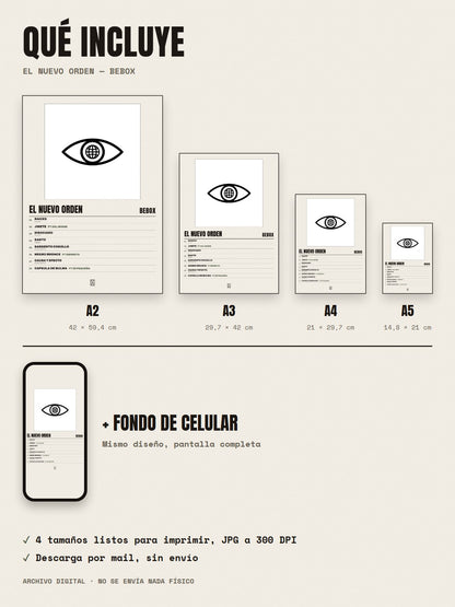Qué incluye el póster de EL NUEVO ORDEN de Bebox: A2, A3, A4, A5 y fondo de celular