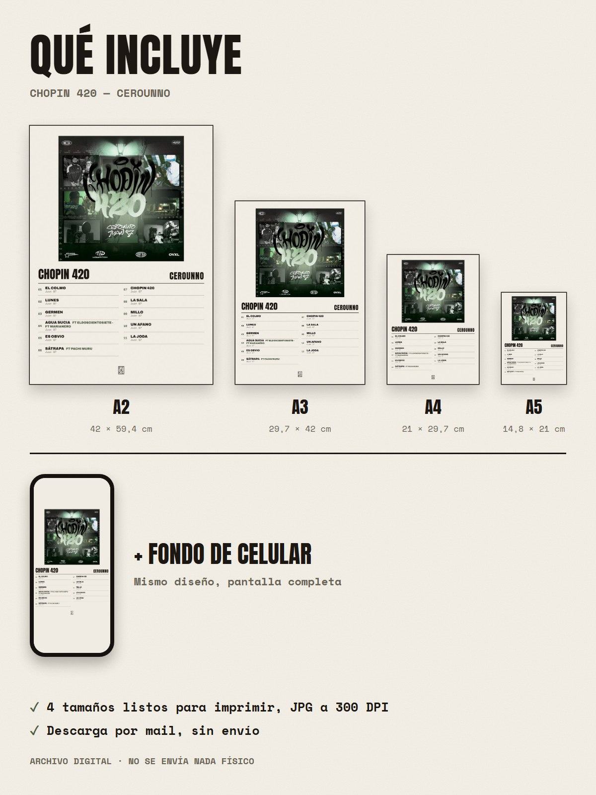 Qué incluye el póster de Chopin 420 de Cerounno: A2, A3, A4, A5 y fondo de celular