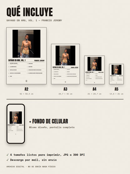 Qué incluye el póster de SAYAGO EN ARG, Vol. 1 de Francis Jeremy: A2, A3, A4, A5 y fondo de celular