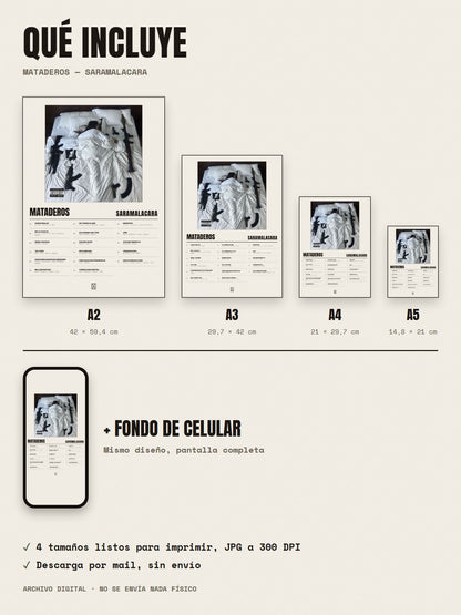 Qué incluye el póster de MATADEROS de Saramalacara: A2, A3, A4, A5 y fondo de celular