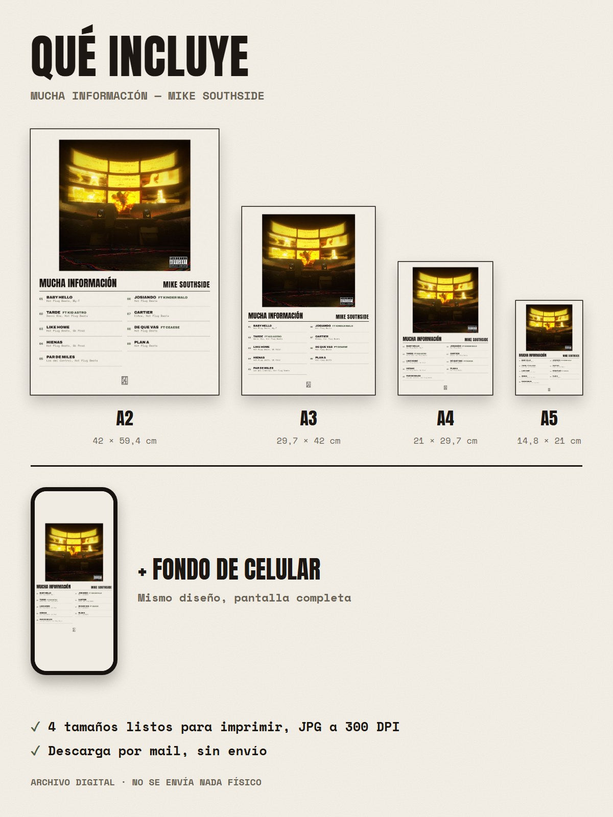 Qué incluye el póster de Mucha Información de Mike Southside: A2, A3, A4, A5 y fondo de celular