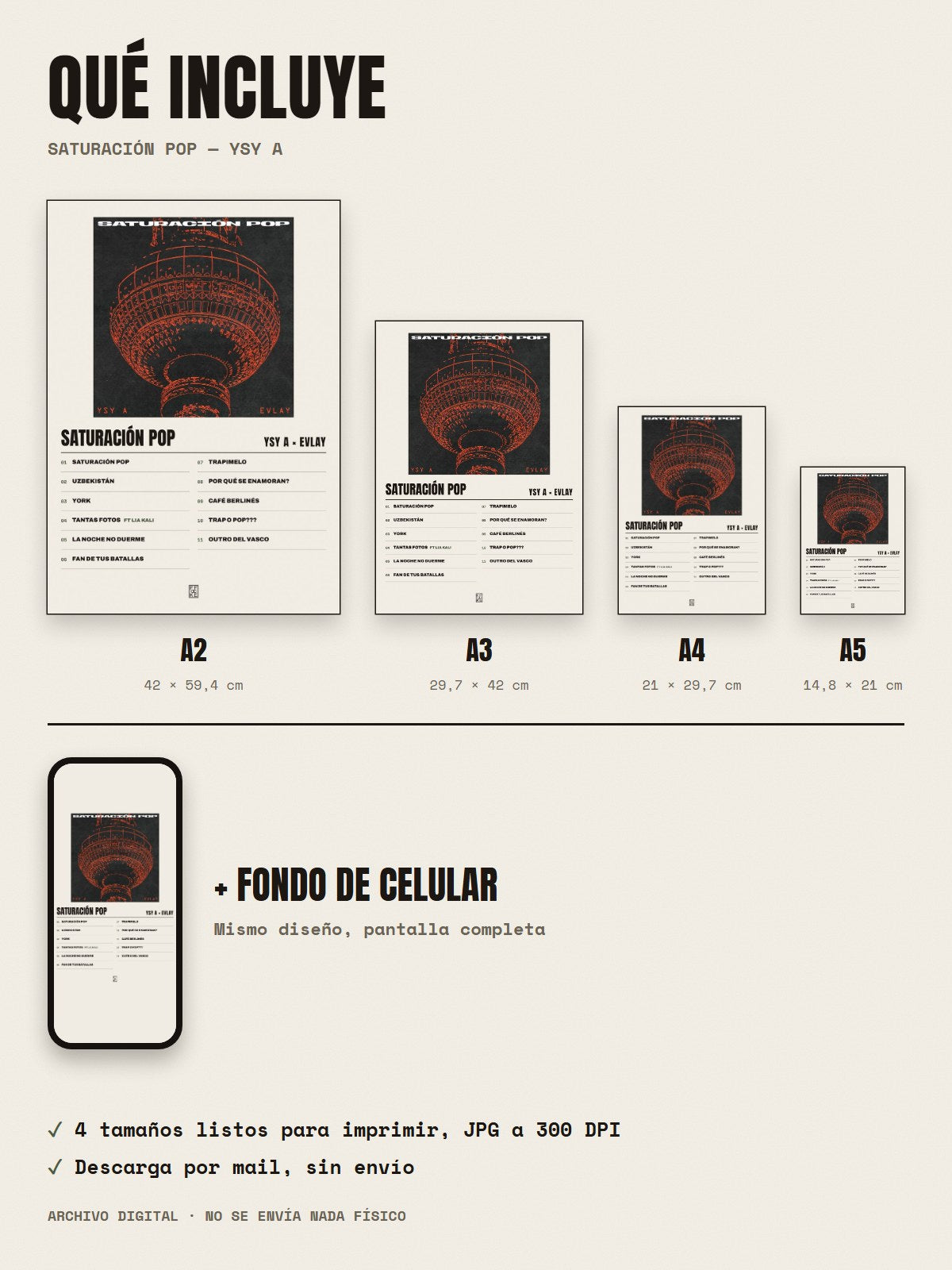 Qué incluye el póster de SATURACIÓN POP de YSY A × Evlay: A2, A3, A4, A5 y fondo de celular