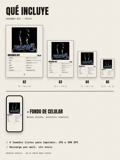 Qué incluye el póster de Dreamer Boy de Frijo: A2, A3, A4, A5 y fondo de celular