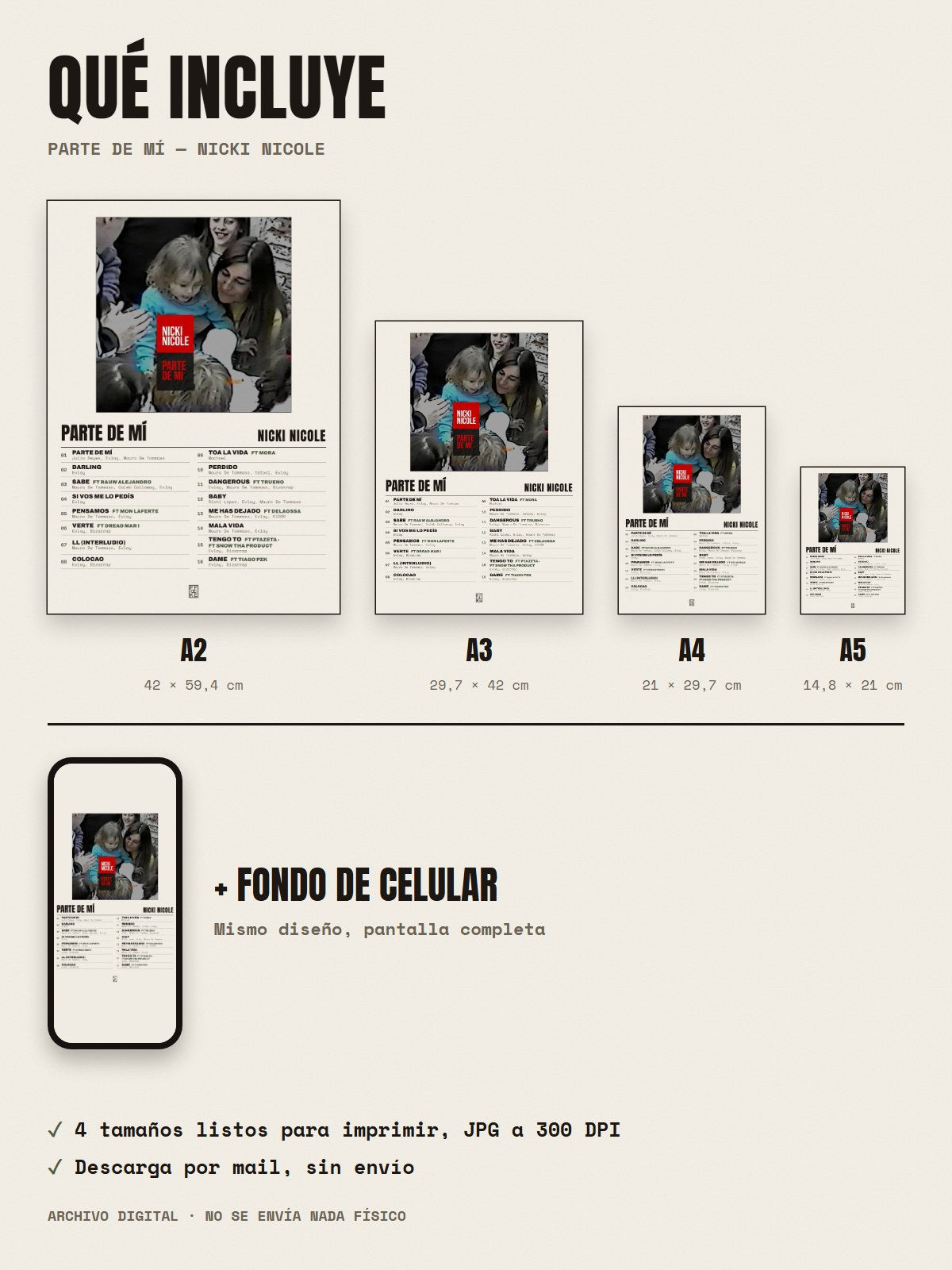 Qué incluye el póster de Parte de Mí de Nicki Nicole: A2, A3, A4, A5 y fondo de celular