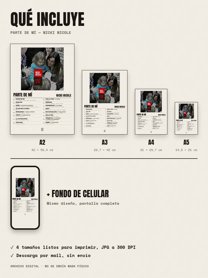 Qué incluye el póster de Parte de Mí de Nicki Nicole: A2, A3, A4, A5 y fondo de celular