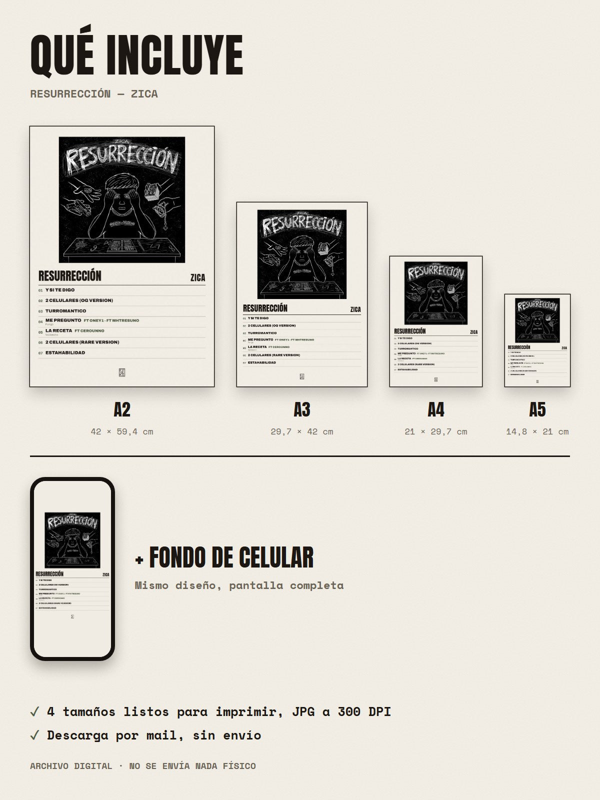 Qué incluye el póster de Resurrección de Zica: A2, A3, A4, A5 y fondo de celular