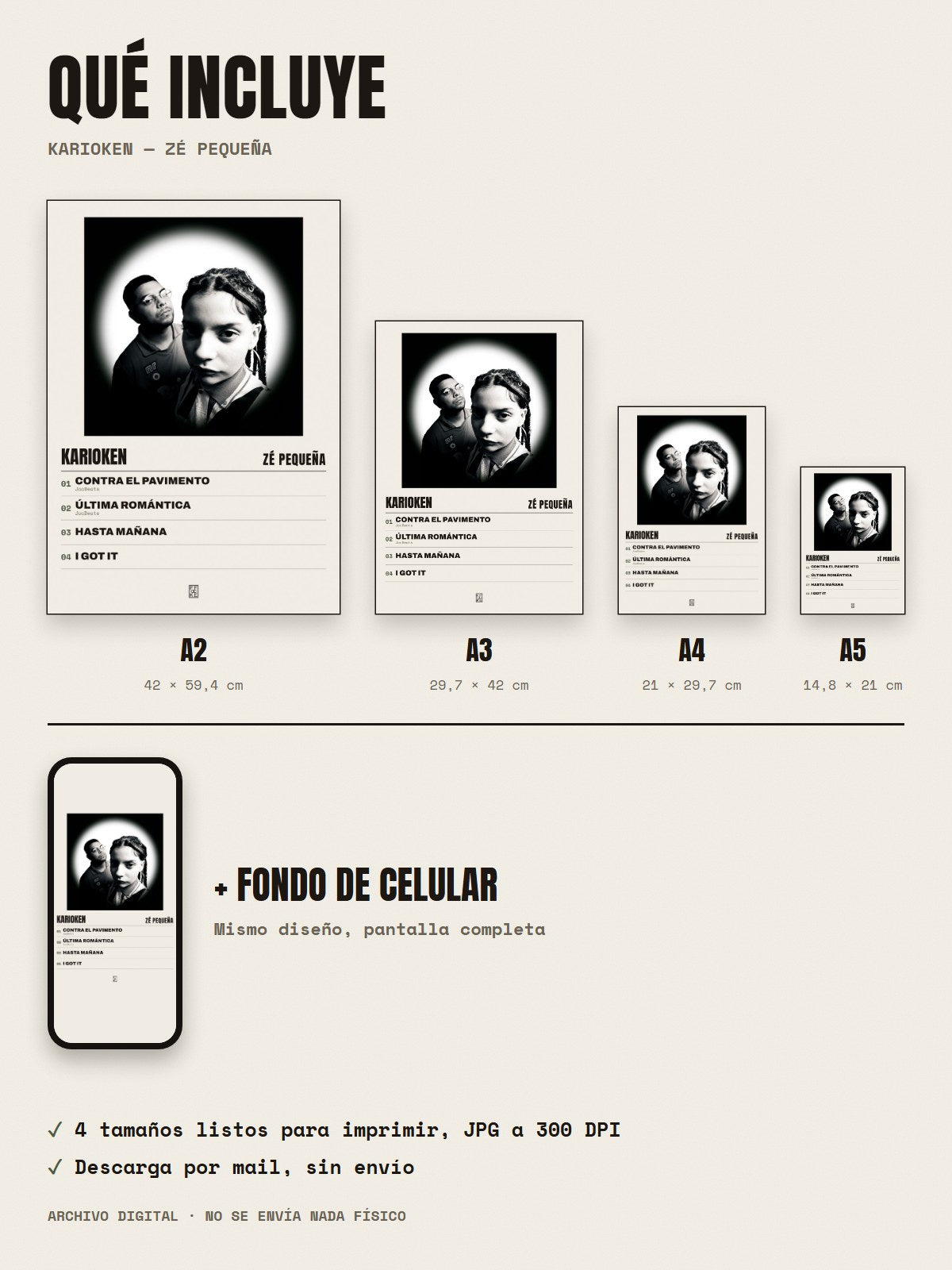 Qué incluye el póster de Karioken de Zé Pequeña: A2, A3, A4, A5 y fondo de celular