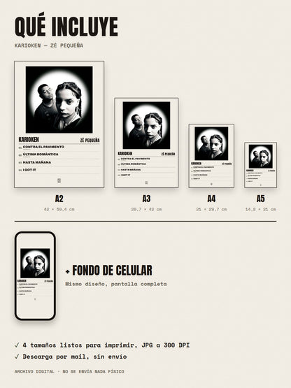 Qué incluye el póster de Karioken de Zé Pequeña: A2, A3, A4, A5 y fondo de celular