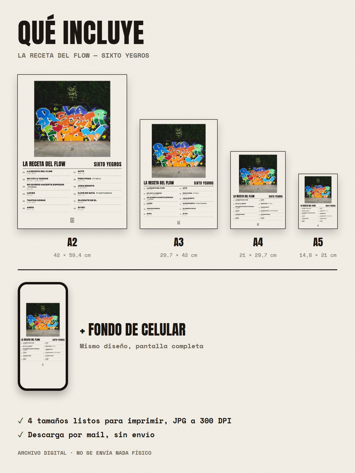 Qué incluye el póster de LA RECETA DEL FLOW de Sixto Yegros: A2, A3, A4, A5 y fondo de celular