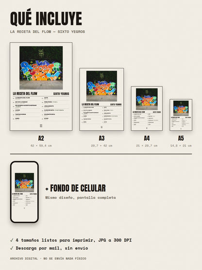 Qué incluye el póster de LA RECETA DEL FLOW de Sixto Yegros: A2, A3, A4, A5 y fondo de celular
