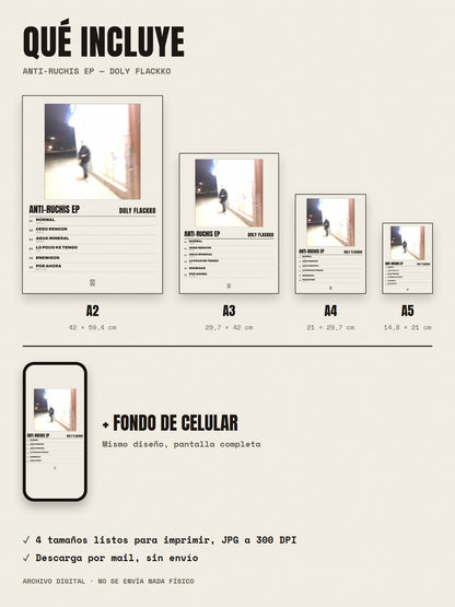 Qué incluye el póster de Anti-Ruchis Ep de Doly Flackko: A2, A3, A4, A5 y fondo de celular