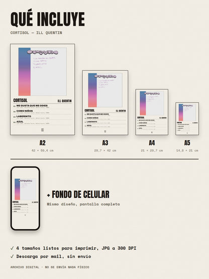 Qué incluye el póster de Cortisol de ill quentin: A2, A3, A4, A5 y fondo de celular
