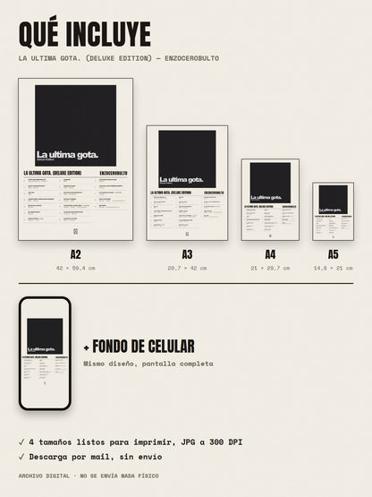Qué incluye el póster de La ultima gota. (Deluxe Edition) de enzocerobulto: A2, A3, A4, A5 y fondo de celular