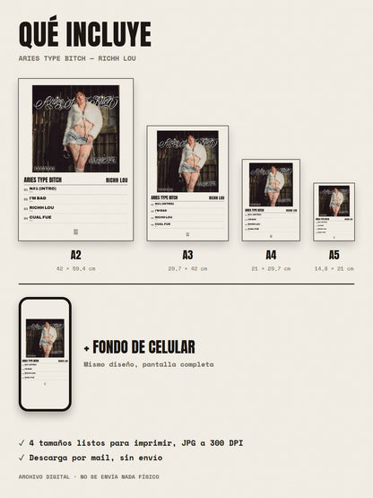 Qué incluye el póster de Aries Type Bitch de Richh lou: A2, A3, A4, A5 y fondo de celular