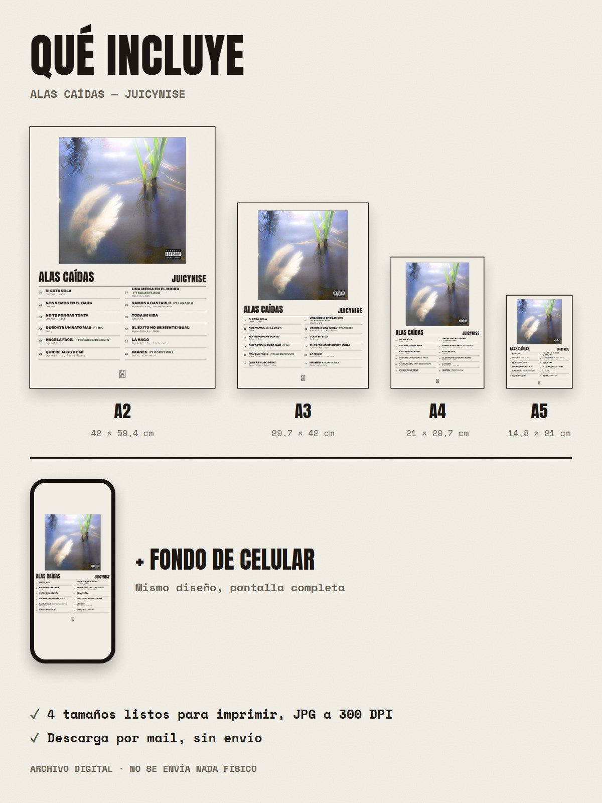 Qué incluye el póster de Alas Caídas de JuicyNise: A2, A3, A4, A5 y fondo de celular
