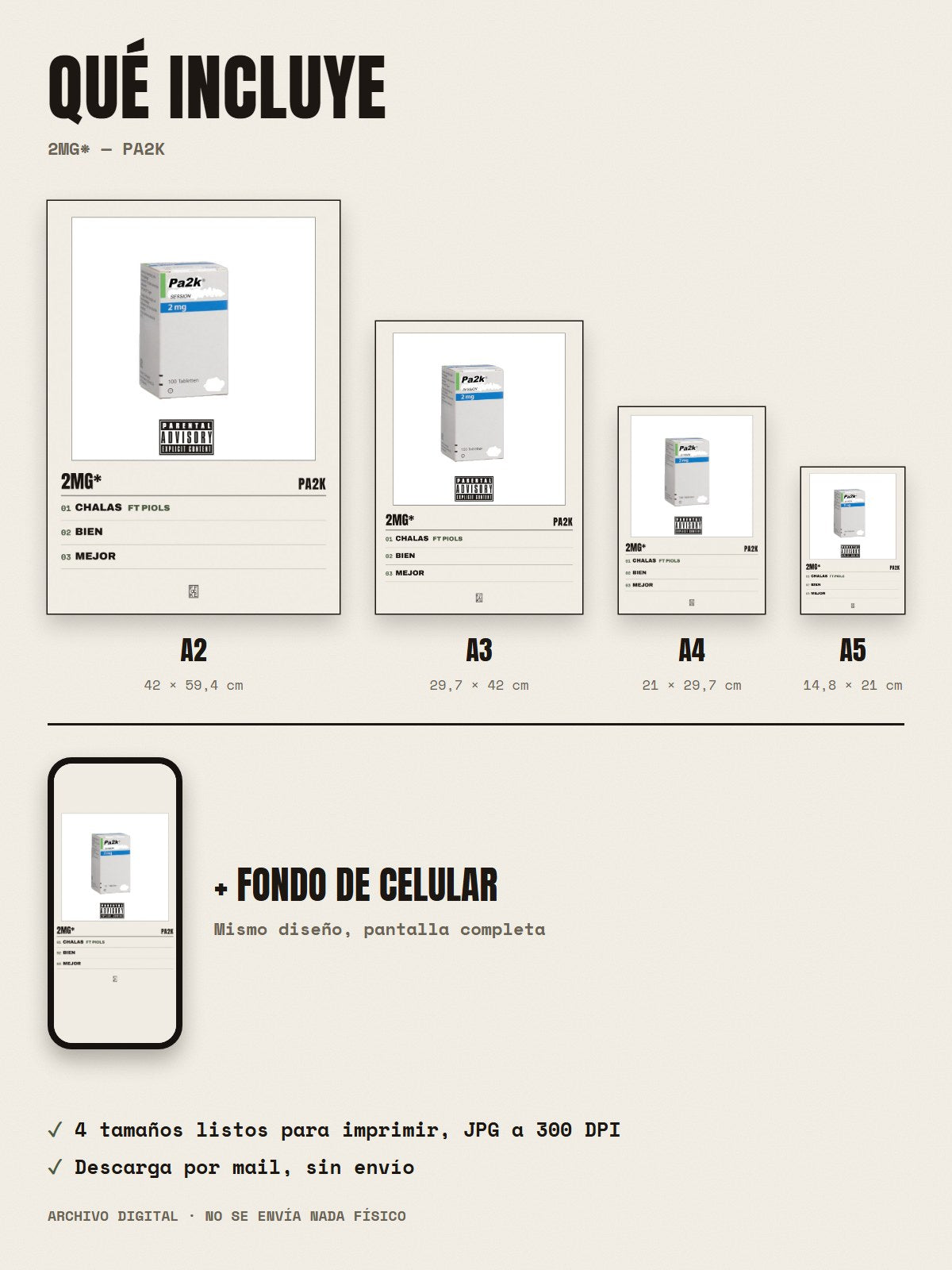 Qué incluye el póster de 2Mg* de Pa2k: A2, A3, A4, A5 y fondo de celular