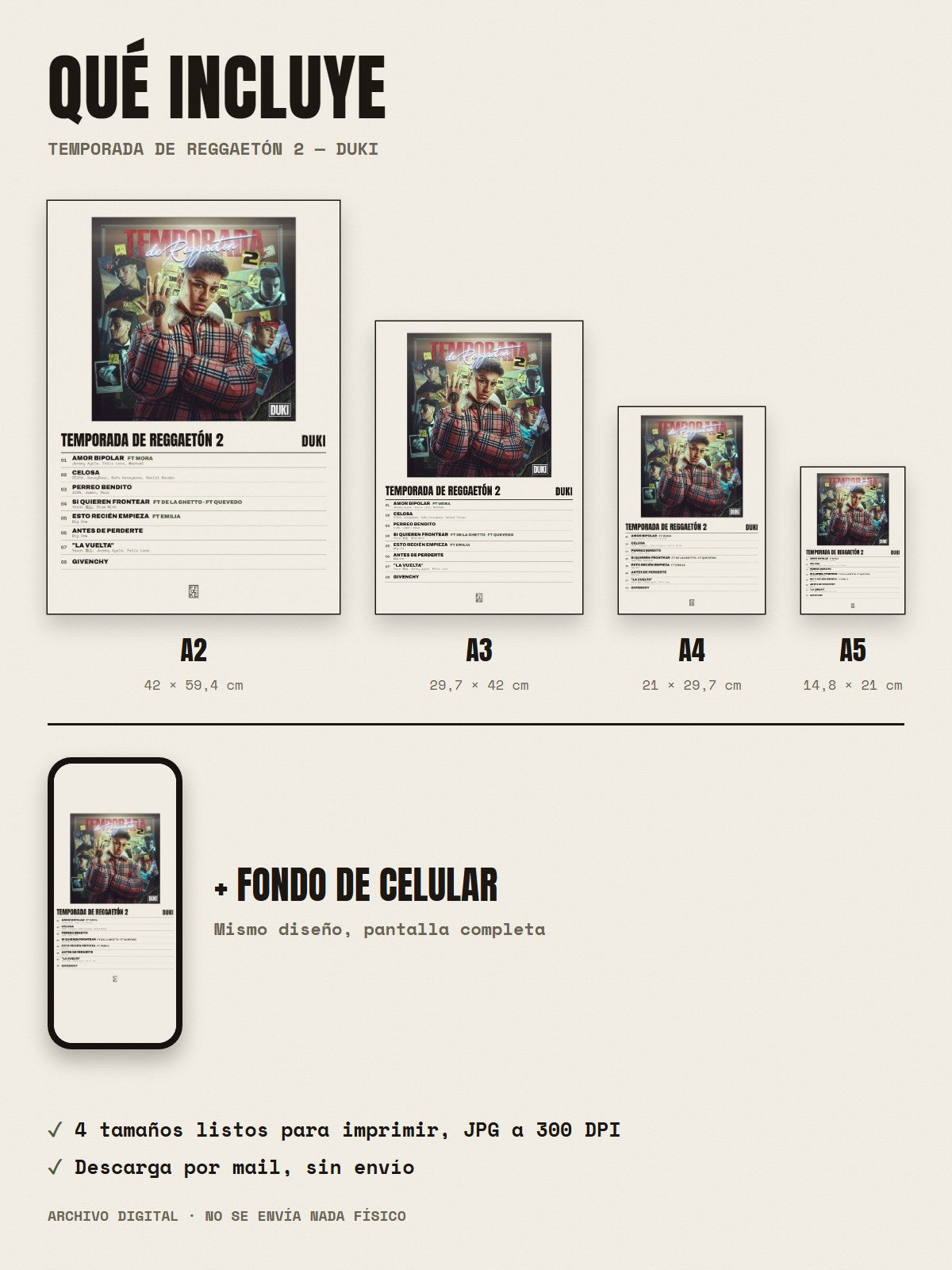 Qué incluye el póster de Temporada de Reggaetón 2 de Duki: A2, A3, A4, A5 y fondo de celular