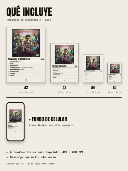 Qué incluye el póster de Temporada de Reggaetón 2 de Duki: A2, A3, A4, A5 y fondo de celular