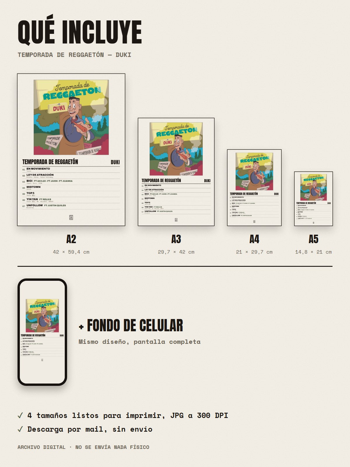 Qué incluye el póster de Temporada de Reggaetón de Duki: A2, A3, A4, A5 y fondo de celular