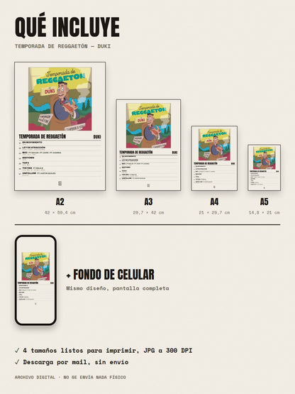 Qué incluye el póster de Temporada de Reggaetón de Duki: A2, A3, A4, A5 y fondo de celular
