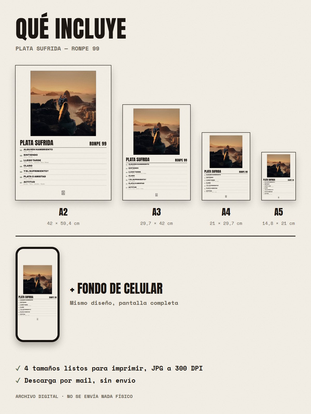 Qué incluye el póster de Plata Sufrida de Ronpe 99: A2, A3, A4, A5 y fondo de celular