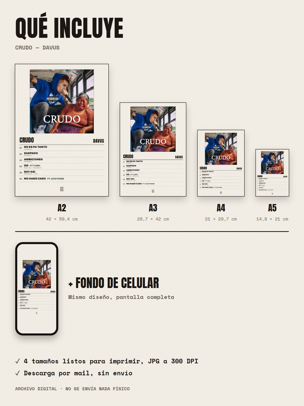 Qué incluye el póster de CRUDO de Davus: A2, A3, A4, A5 y fondo de celular