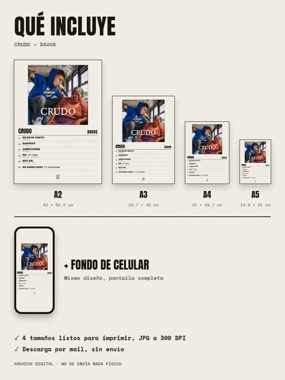 Qué incluye el póster de CRUDO de Davus: A2, A3, A4, A5 y fondo de celular