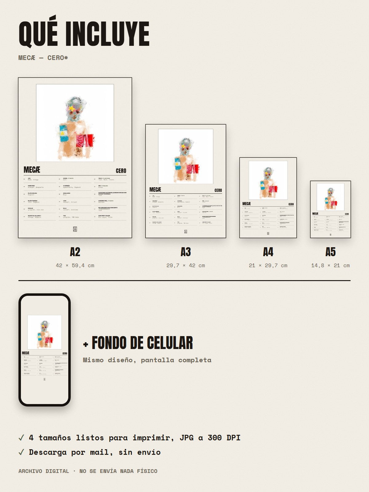Qué incluye el póster de MecÆ de cero*: A2, A3, A4, A5 y fondo de celular