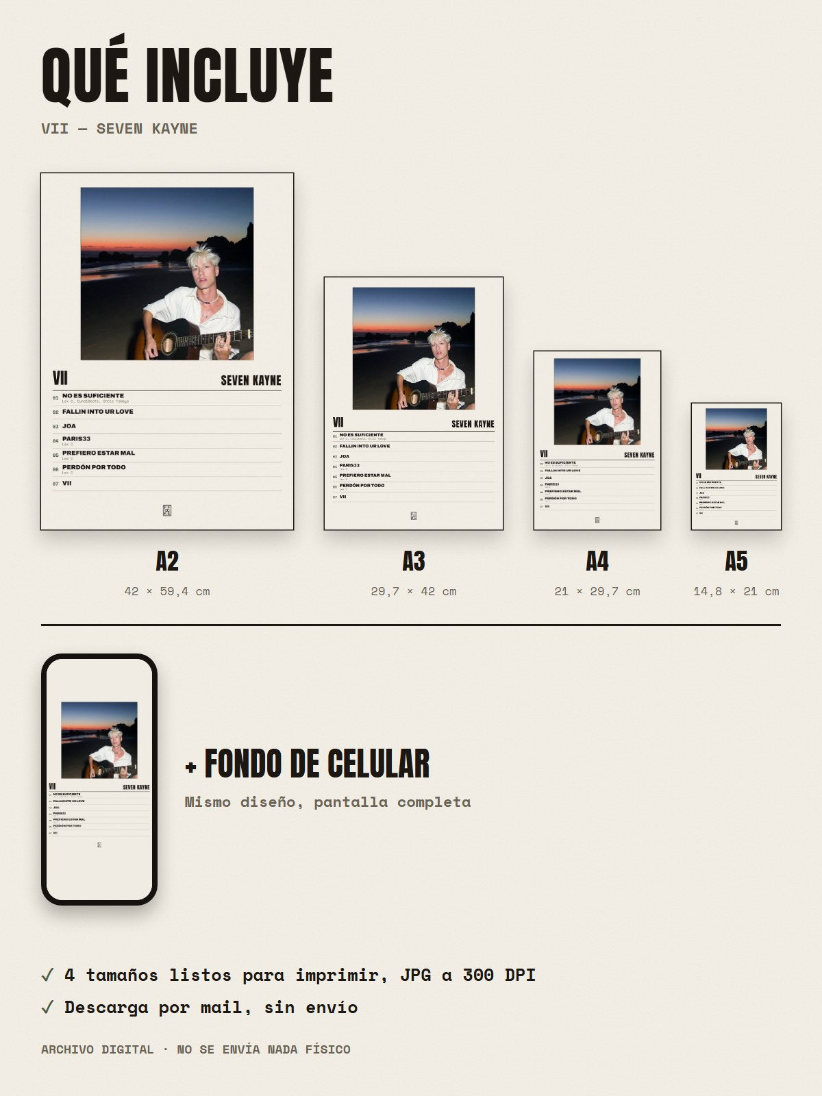 Qué incluye el póster de VII de Seven Kayne: A2, A3, A4, A5 y fondo de celular