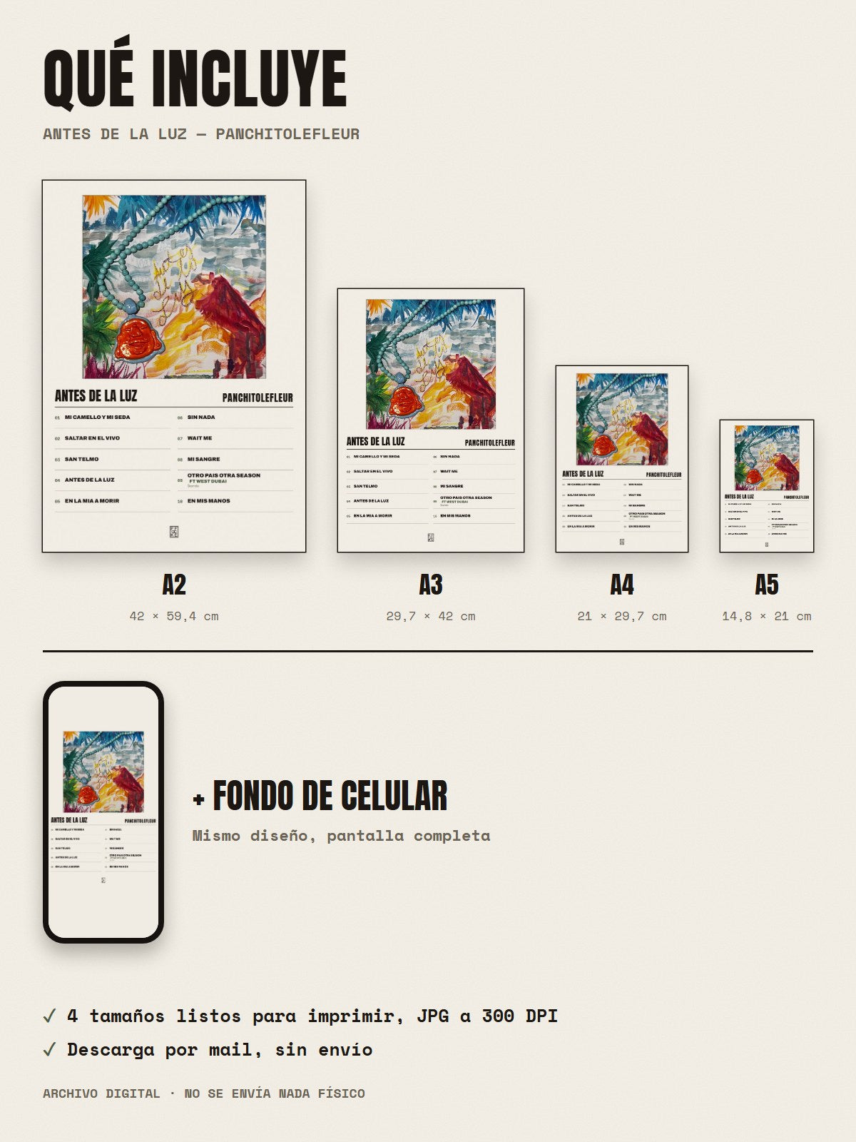 Qué incluye el póster de ANTES DE LA LUZ de PanchitoLeFleur: A2, A3, A4, A5 y fondo de celular