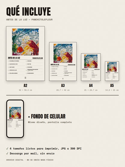 Qué incluye el póster de ANTES DE LA LUZ de PanchitoLeFleur: A2, A3, A4, A5 y fondo de celular