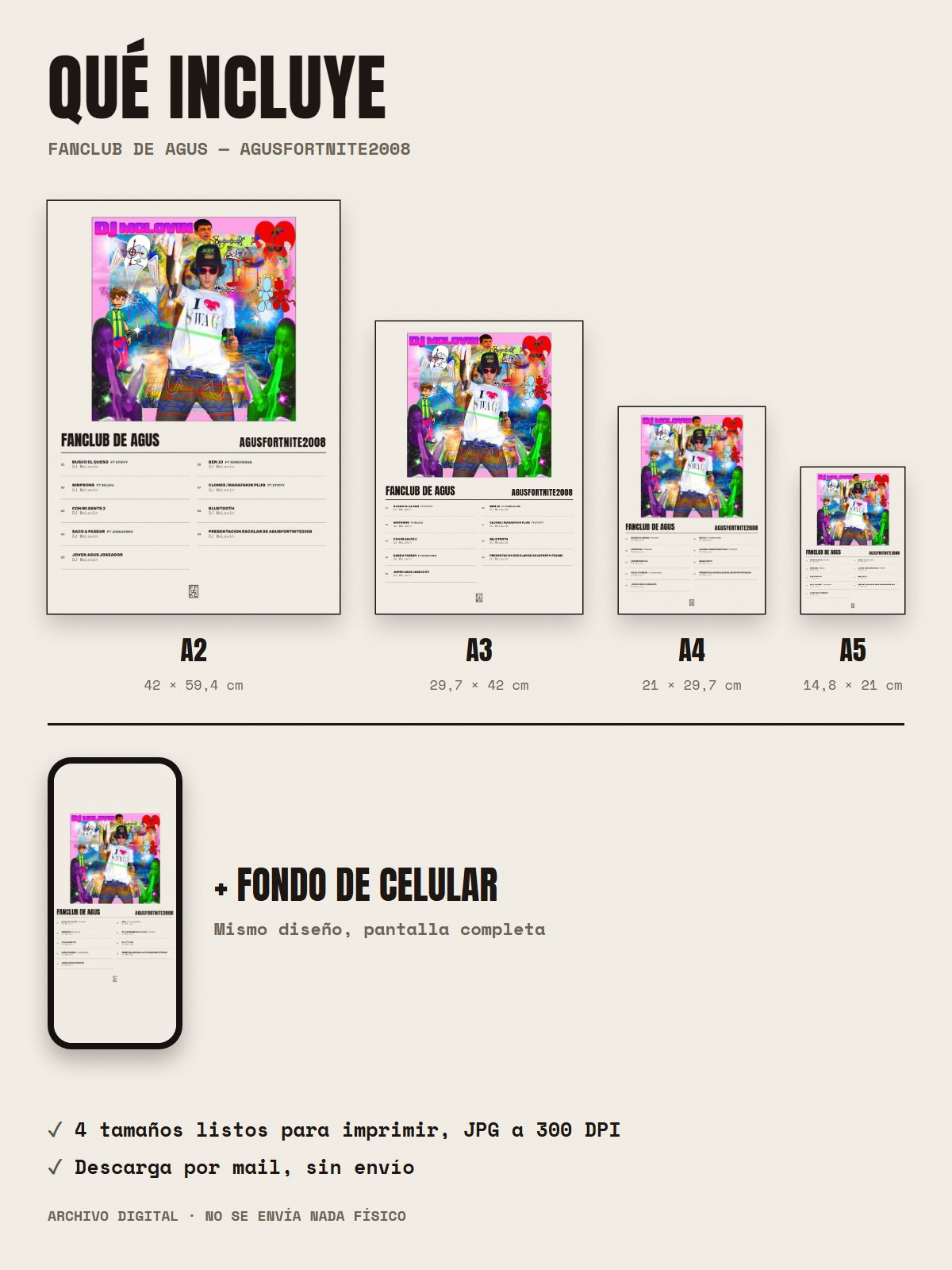 Qué incluye el póster de FANCLUB DE AGUS de AgusFortnite2008: A2, A3, A4, A5 y fondo de celular