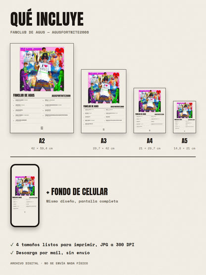 Qué incluye el póster de FANCLUB DE AGUS de AgusFortnite2008: A2, A3, A4, A5 y fondo de celular
