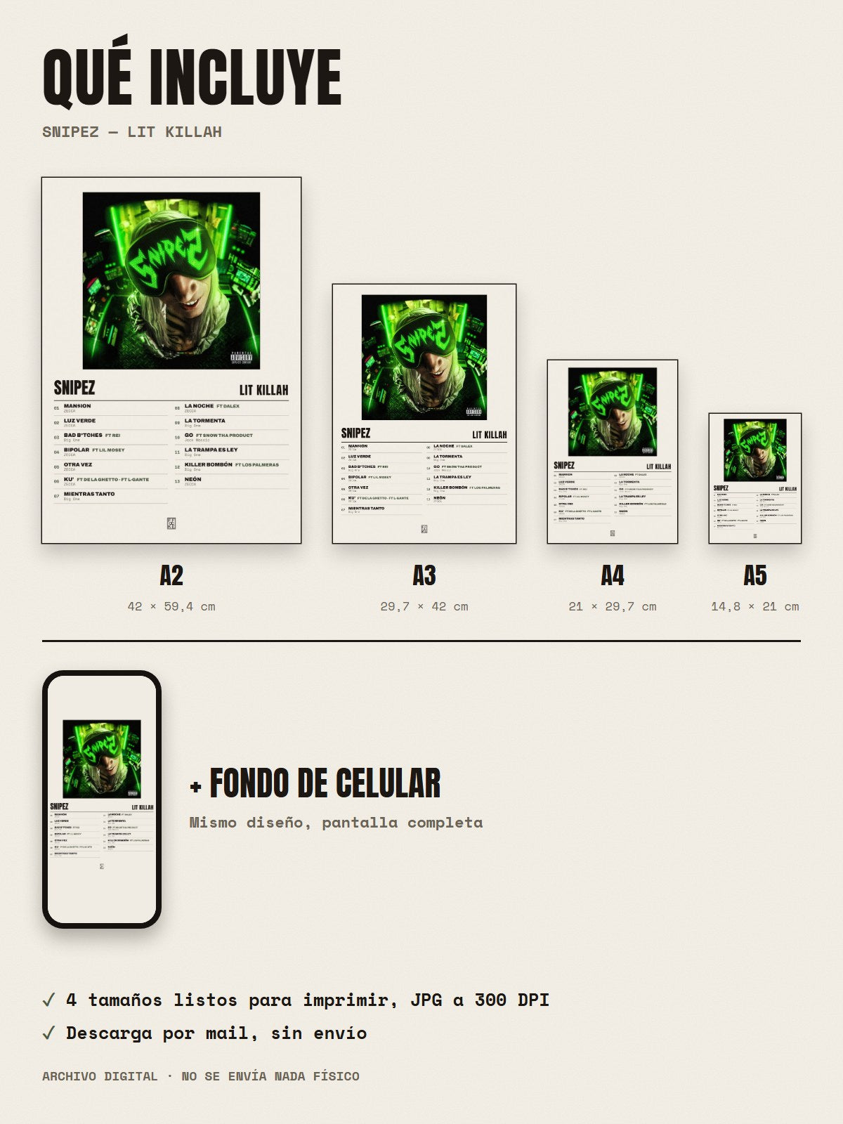 Qué incluye el póster de SnipeZ de LIT killah: A2, A3, A4, A5 y fondo de celular