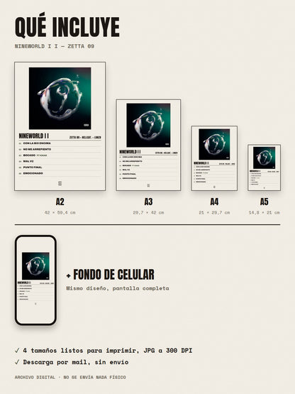 Qué incluye el póster de Nineworld I I de Zetta 09 × hellcat. × Lonzo: A2, A3, A4, A5 y fondo de celular